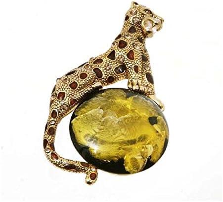 pricegems 'Spotted Mythical Panther' Simulated Golden Jasper Animal Brooch, Panther Pin With Circus Ball, 1.5" X 3"
