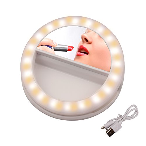 Selfie Ring Light [Rechargeable Battery] Selfie LED Light With Makeup Mirror 40 LED [Warm &White] Lighting for Phone Camera Photography, Live Streaming, Video-White