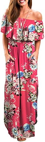 Othyroce Womens Off Shoulder Ruffle Party Long Dresses Casual Side Split Beach Maxi Dress with Pockets