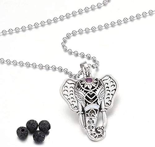 Fragrance Essential Oil Elephant Diffuser Stainless Steel Ancient Silver Pendant Necklace with 4 Lava Stones for Men and Women