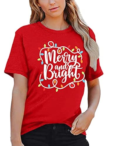 Merry And Bright Christmas Shirt For Women - Holiday Lights Tee, Short Sleeve Tops