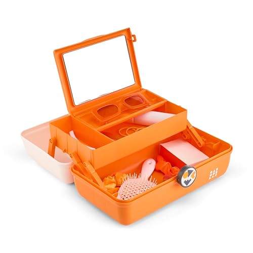 Caboodles School Spirit On-The-Go Girl Makeup Box, White Over Orange, Hard Plastic Makeup Organizer Box, Built-In Mirror, Secure Latch for Safe Travel, Spacious Storage for Large Items
