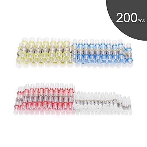 200pcs Solder Seal Wire Connector, Solder Seal Heat Shrink Butt Connectors Terminals Electrical Waterproof Insulated Marine Automotive Copper(50White 80Red 60Blue 10Yellow)