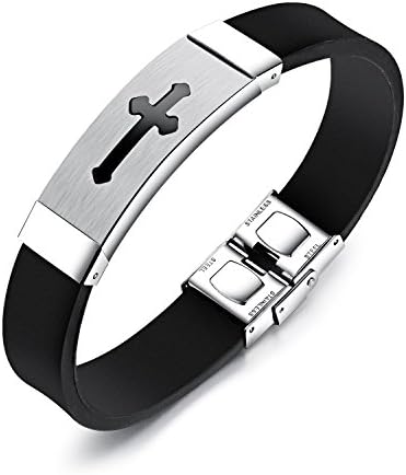 Lary Jewelry 14MM Wide Silicone Bracelets for Men Cross Cuff Bracelet Religious Wirstband 7.48"