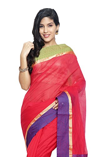 DOUBLE COLOR CONTRAST COTTON SAREE-Red-AJS361-MN-Cotton - Image 5