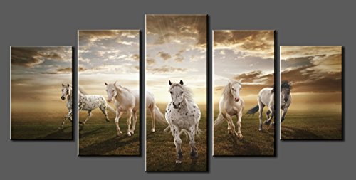 Canvas Prints ,Sk002 Modern Canvas Wall Art White Horse, Stretched and Framed Ready to Hang, 5 Panels White Horse Canvas Print Photo Canvas Art for Home Decoratio