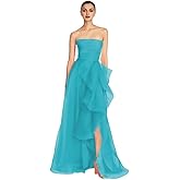 KDJZDE Laces Tulle Prom Dress for Women Ruched A Line Ruffle Evening Dress Strapless Sleeveless Slit Formal Party Gown