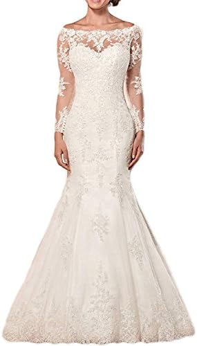 Women's Lace Mermaid Wedding Dresses for Bride 2018 Long Sleeve Formal Bridal Gowns