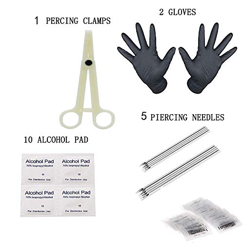 Jconly Piercing Kit - 33Pcs Professional Body Piercing Kit Surgical Steel Piercing Needles 14G,16G Piercing Clamps Belly Ring Tongue Tragus Nipple Nose, Body Piercing Tools - Thumbnail 2
