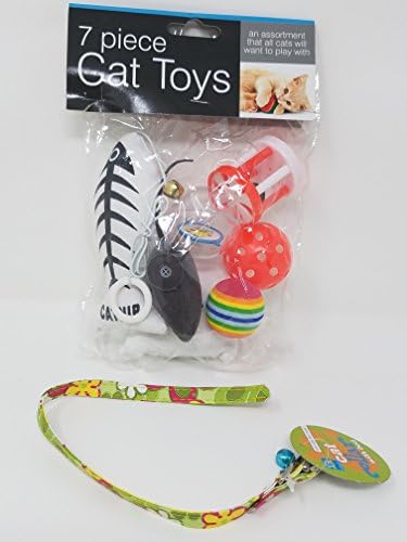 2 Item Bundle: 1 Seven Piece Assortment of Cat Toys and 1 Green Floral Cat Collar with Bell