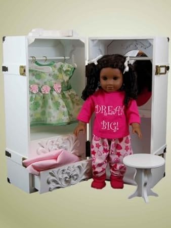 The Queens Treasures Doll Trunk Storage Case for 18 Inch Dolls, Clothing, Shoes & Accessories. White Painted Wood with Removable Vanity, Stool Plus 4 Clothing Hangers