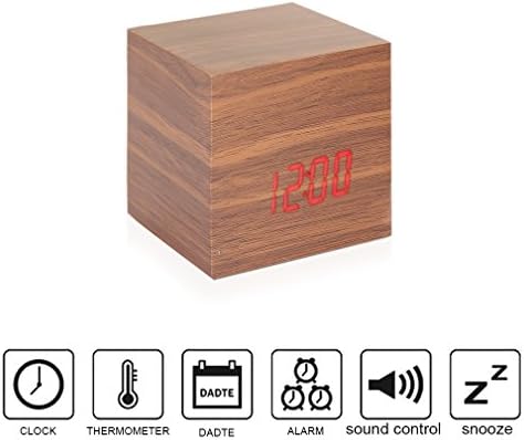 Anten Wooden LED Digital Alarm Clock,Acoustic Control LED Click Clock with Time Date Temperature and Humidity, Brown