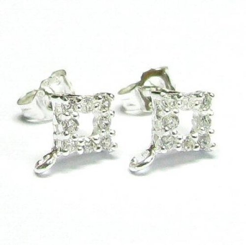 2 pcs .925 Sterling Silver Square Stud Cz Loop Post Dangle Earring Connector w/Clutches/Ear Nut/Findings/Bright