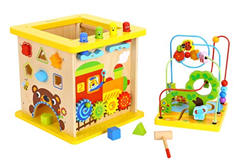 Pidoko Kids Wooden Activity Cube - Fun Forest Theme Toy for Toddlers Boys and Girls