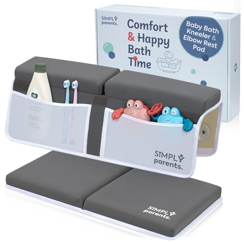 Baby Bath Kneeler and Elbow Rest Pad Set - Quick-Dry, Non-Slip Kneeling Pad for Bathing Toddler, Toy Organizer Pockets, Gift Box, Accessories for Tub, Gray