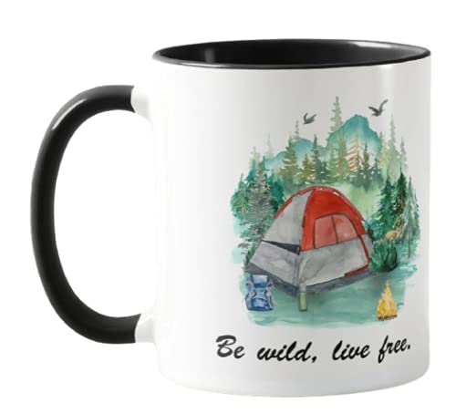 Vixar Tent, Camping,Caravan,Be Wild, Live Free, Holiday, Ceramic Mug Cup Coloured,11oz, Novelty Gift, Joke (Black)