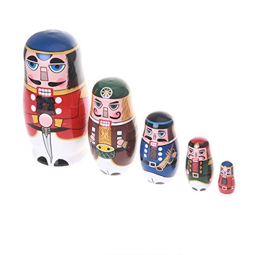 Nicedeal 5pcs/ Set Miles Kimball Nutcracker Soldier Matryoshka Nesting Dolls Wooden Russian Nesting Doll Handmade Craft Decoration 5.5" DIY Tools