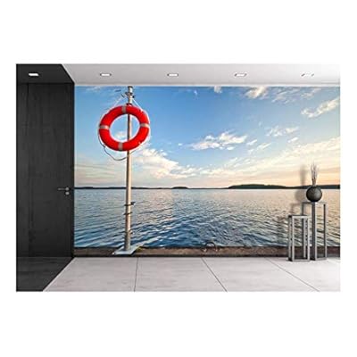 Safety Equipment Bright Red Safe Lifebuoy on The Pier - Removable Wall Mural | Self-Adhesive Large Wallpaper - 100x144 inches