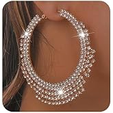 Jumwrit Large Rhinestone Hoop Earrings Big Round Circle Earrings Tassel Chain Dangle Earrings Statement Earrings for Women(Gold)