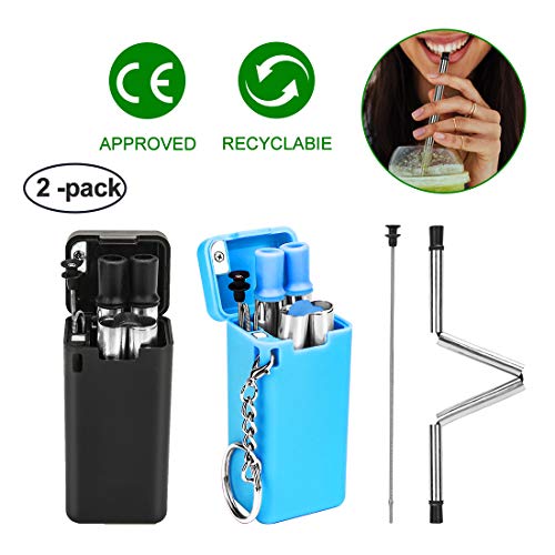 2 Pack Collapsible Straws Folding Drinking Straw Reusable Stainless Steel Case with Keychain Cleaning Brush Portable Straw Dispensers for Gift (Black&Blue) - Thumbnail 7