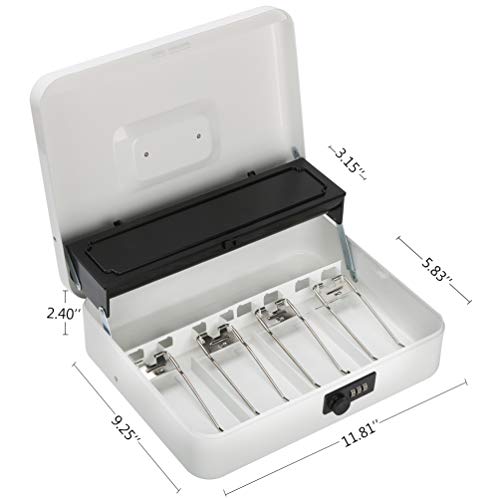Metal Cantilever Cash Box with Combination Lock, Decaller Large Lock Money Box - 5 Compartments with Cover & 4 Spring-Loaded Clips for Bills, White, 11 4/5" x 9 2/5" x 3 1/2", QH3010L