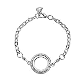 Feilaiger Silver 25mm Floating Charm Living Memory Lockets Bracelet Set - Glass Rhinestones Surface - Magnetic Closure - 175mm Free Link Chain
