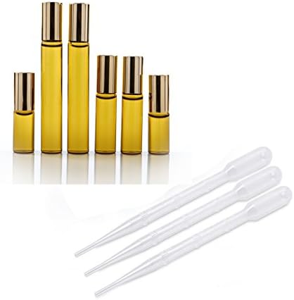 Gloriest Amber Glass Roll on Essential Oil Empty Perfume Bottle w/ Stainless Steel Roller Ball Pack of One Set 3ml/5ml/10ml 3 Size Each Two with 3ml/5ml/10ml Plastic Dropper Each One