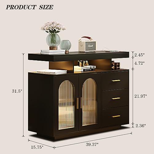 Dystler Sideboard Buffet Cabinet with Storage, 3 Drawers & 2 Doors, Auto-Sensor 20 Color Lights Console Table with Charging Station,Touch Control Console Coffee Bar Table for Kitchen, Dinning- White