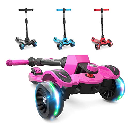 6KU Kids Kick Scooter with Adjustable Height, Lean to Steer, Flashing Wheels for Children 3-8 Years Old Pink (Renewed)