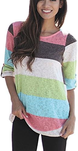 HONEY BOUTIQUE Womens Color Block Printed Scoop Neck Loose Sweater 3/4 Sleeve T-Shirts Tops (S, Green)