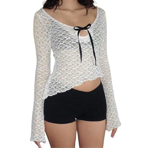 Women‘s Lace Top, Sexy Mesh Floral Sheer Lace Top, Long Sleeve Hollow Out Asymmetrical Tops, Slim Fit Ruffled Hem Flare Sleeve Sexy Blouse, See Through Low Cut Going Out Shirt Top Fairy Streetwear