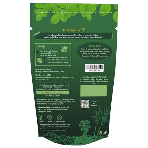 Herb Essential Organic Moringa Powder (Wild Grown) - 100g, Superfood for Smoothies, Drinks, Tea & Recipes