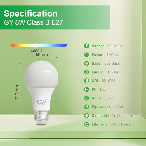 GY E27 Class B LED Bulb, 8 W (100 W Equivalent), 1521 Lumens 4000 K Neutral White, A60 E27 LED Bulbs, Energy Efficiency, Non-Dimmable, 6 Units (Pack of 1)