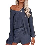 ROSKIKI Women's Solid Pajamas Set Long Sleeve Tops with Shorts Lounge Set Nightwear