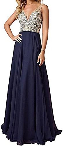 QSYE Women's Beaded Prom Dreeses Long V-Neck Chiffon Evening Gowns 2017 Navy,18w