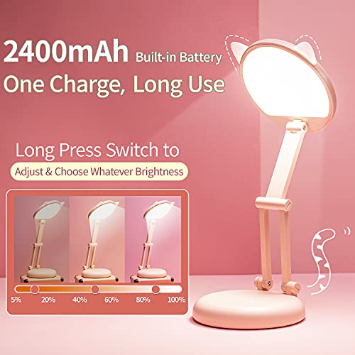Cute Desk Lamp for Kids, LED Desk Lamp USB Charging & Stepless Dimming, Small Desk Lamp +Portable Foldable Rechargeable, LED Desk Lamps for Home Office, Kids Desk Lamp Touch Control, Pink Desk Lamp