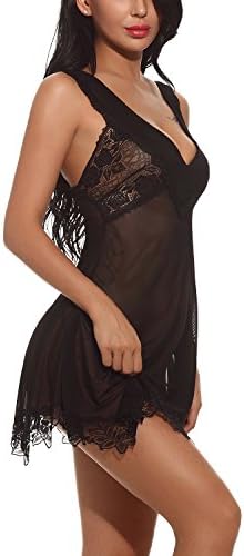 DoDoLove Sexy Lingerie for Women Floral Lace Pajamas Nightgown Set Ladies Mini Satin Babydoll Dress(Black), Large
