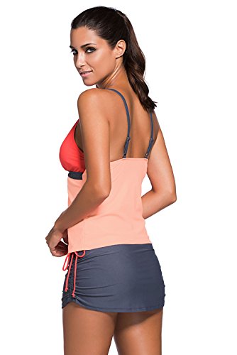 Women's Summer V-Neck Tankini Two-Piece Skirtini Swimsuits Swimwear Bikini Set Pink Orange Coral XL