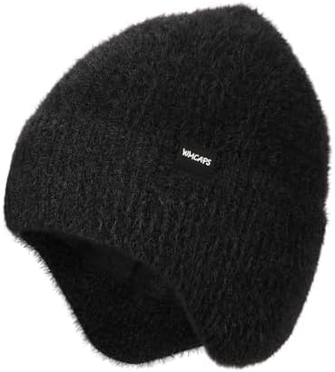 Black Winter Knit Sherpa Beanie Hat w/Earflaps & Fleece Lining
