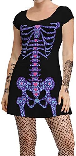 charmsamx Womens T-Shirt Dress Short Sleeves Casual Midi Halloween Dress Skeleton O Neck Fashion Party Dress for Halloween Party Costume Dress A-Line Casual Floral Print Swing Midi Dress