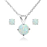 GemStar USA Sterling Silver Simulated White Opal Round Solitaire Necklace and Stud Earrings Set