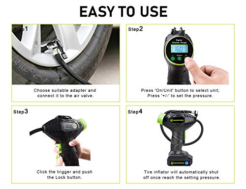 HAWKFORCE Tire Inflator Air Compressor Cordless Portable Car Tire Pump with Rechargeable Battery, Easy to Read Digital Pressure Gauge, Built-in LED Light,Tool Bag