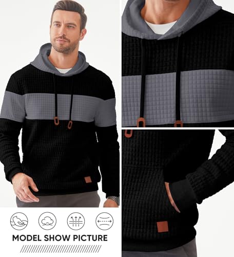 JMIERR MEN’S PLAID HOODIES DRAWSTRING KNIT HOODIE PULLOVER CASUAL WAFFLE HIPSTER SWEATSHIRTS LONG SLEEVE SWEATERS, US38(S), A BLACK