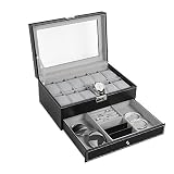 NEX Watch Box Mens, 12 Slots PU Leather Watch Case Organizer Jewelry Display Drawer Glass Top with Lock, Black