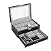 NEX Watch Box Mens Watch Case Organizer 12 Slot Double-Layer PU Leather Jewelry Display Drawer Glass Top with Lock, Black