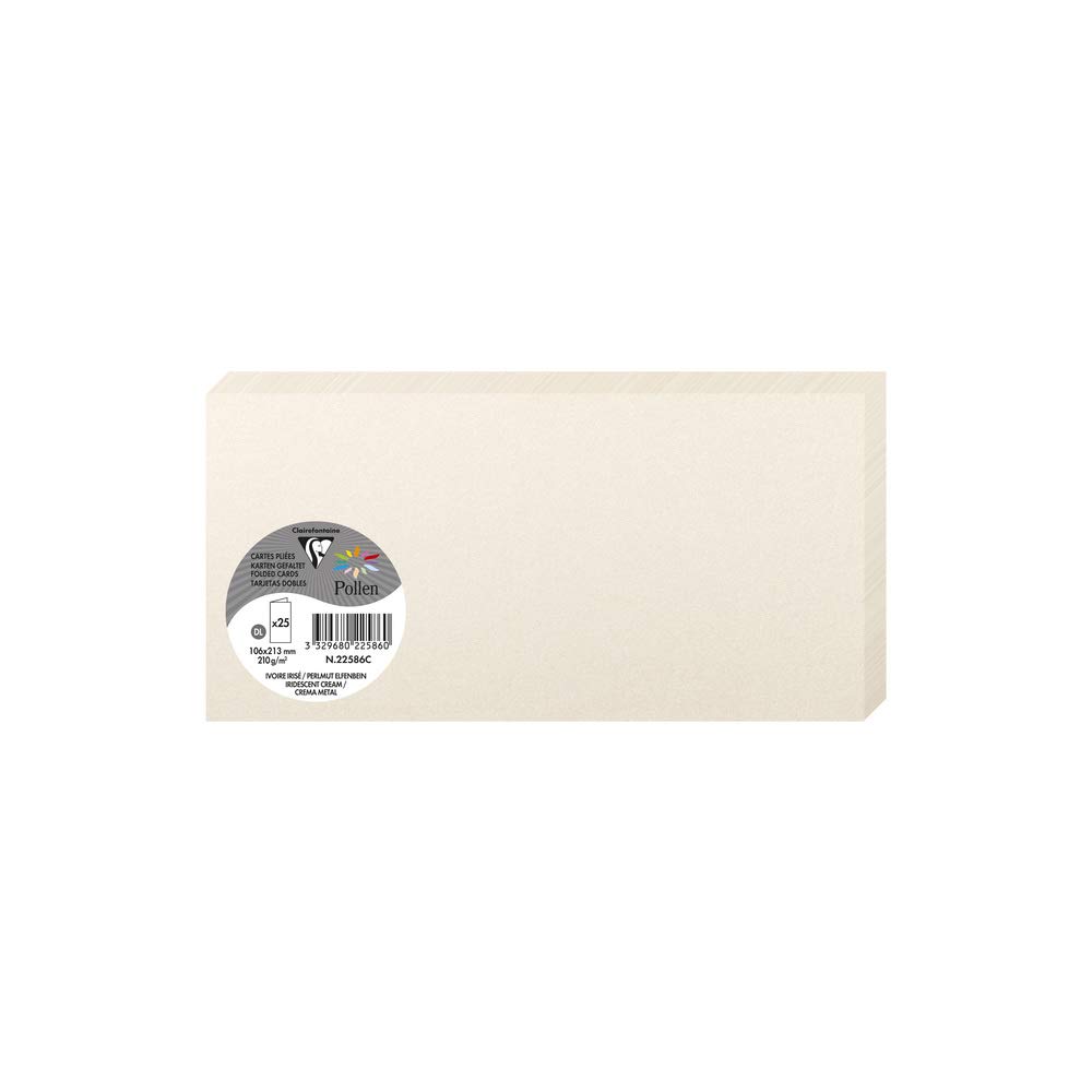 Clairefontaine 22586C Iridescent Cream paper Pack of 25 Double Cards DL (10.6x21.3cm) 210gsm Invitation and Correspondence Pollen range Smooth Premium