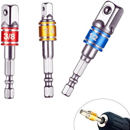 3Pcs Power Hand Tool Adapter Extension Bit Set 1/4-Inch Hex Shank to Drive 1/4" 3/8" 1/2"for Drill CR-V Quick Change Nut Driver Socket Bit Set Adapters to Use with Drill Chucks or Screw Impact Drivers