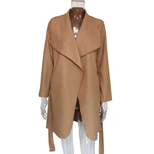 Elogoog Women's Casual Open Front Cardigan Wide Lapel Woolen Trench Coats with Belt (XXL, Khaki) - Thumbnail 5