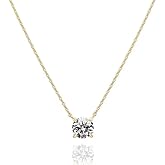 ShiKeWei 16K Gold Plated 925 Sterling Silver 6mm Cubic Zirconia Solitaire Pendant Necklace, 17.7 Inch Dainty Gold Choker Necklace for Women, Minimalist Layered Jewelry, Everyday Wear