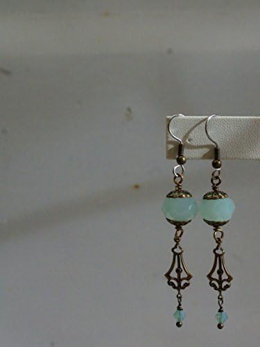 Chalcedony Fretwork Art Deco Earrings - Capped Chalcedony - Hand Stamped Fretwork Filigree, Swarovski Bi cone - French Hook w/Surgical Steel